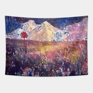 Abstract Flower field in the Mountains Still Life of a lonely tree Tapestry