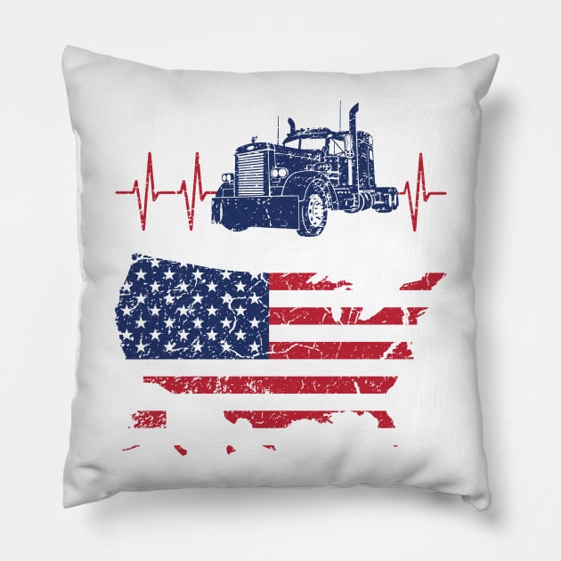 Truck Driver Heartbeat American Flag Pillow by Xeire