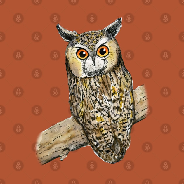 A colored pen drawing of a long-eared owl by Bwiselizzy