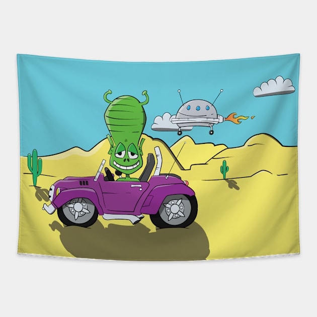 Alien driving a Purple Car in the Desert Landscape with UFO Tapestry by Dad n Son Designs