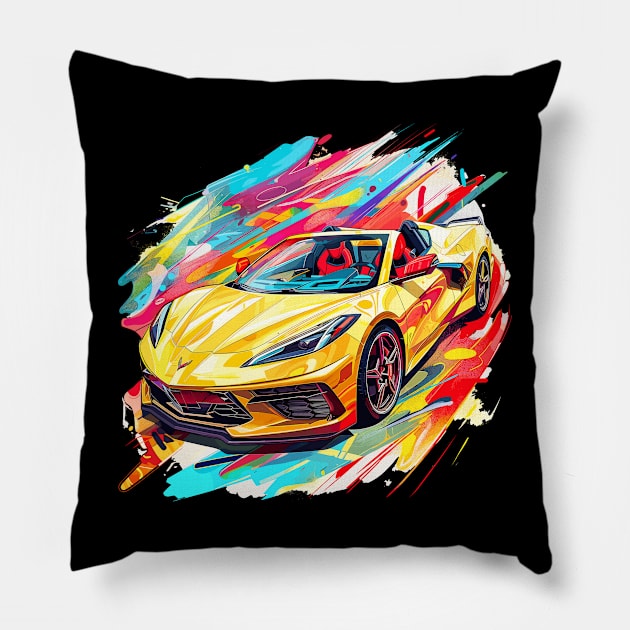 Accelerate Yellow HTC C8 Corvette Supercar Racecar Muscle Car Yellow Hardtop convertible Color Splash Corvette C8 Pillow by Tees 4 Thee