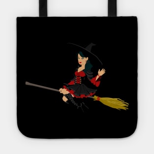 Halloween Witch On Flying Broom Tote