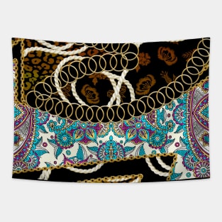 Gold chains, flowers, leopard skin texture, rope, ethnic design Tapestry