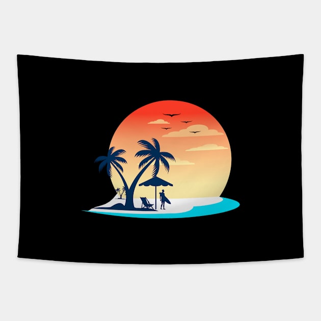 Beach Man Cool Summer Holliday Sun Set And Palm Trees Tapestry by mangobanana