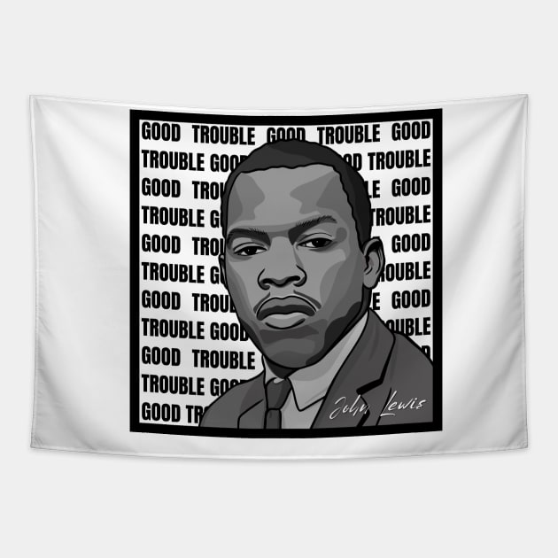 Good Trouble: John Lewis - Black Font Tapestry by History Tees