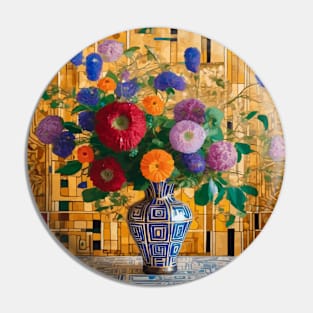 Colorful Bouquet of Flowers in an Ornamental Geometric Vase Pin
