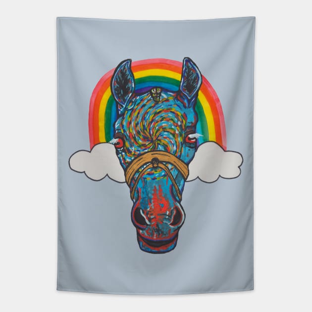 Horse portrait with rainbow and clouds Tapestry by deadblackpony