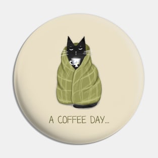 Cartoon funny black cat and the inscription "A coffee day". Pin