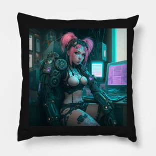 Cyberpunk Pink Hair Hacker Pillow