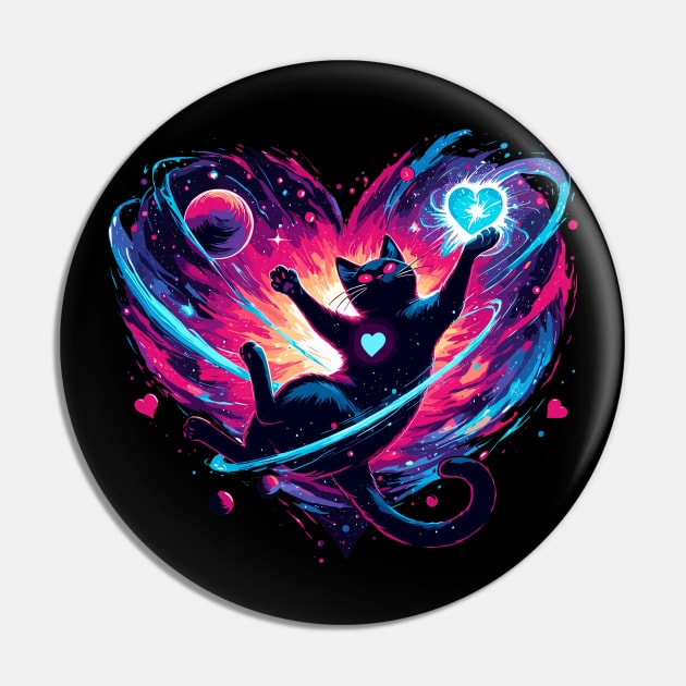 Valentine's Day Cosmic Cat of love in Stars Pin by TomFrontierArt