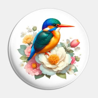 An oriental dwarf kingsfisher decorated with beautiful colorful flowers. Pin