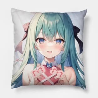 A girl holding a box in the shape of a heart Pillow