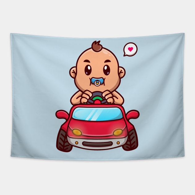 Cute Baby Riding Car Toy Cartoon Tapestry by Catalyst Labs