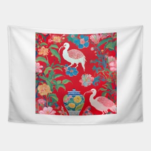 Grandmillennial chinoiserie red ibis and Ming ginger jar Tapestry