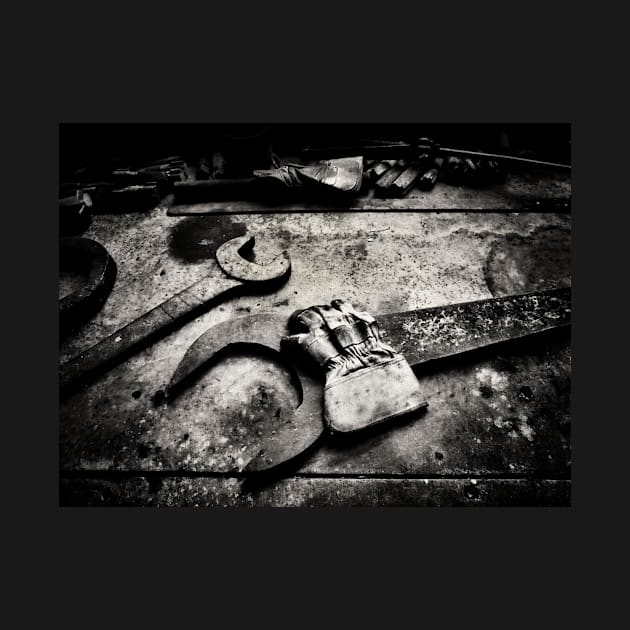 Industrial interior, old wrench and gloves, black and white by Reinvention