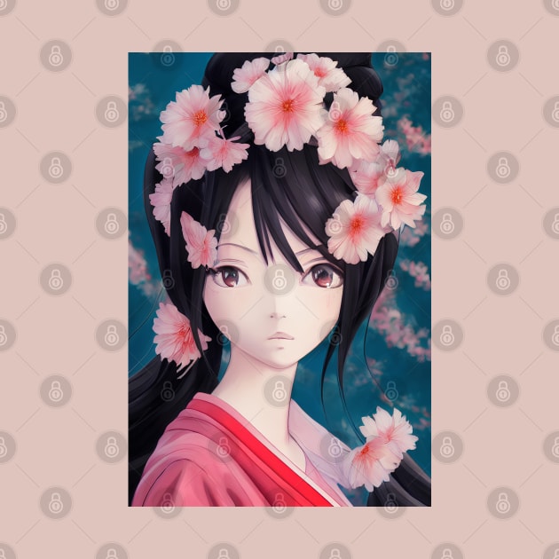 Anime geisha girl with pink flowers by Ravenglow