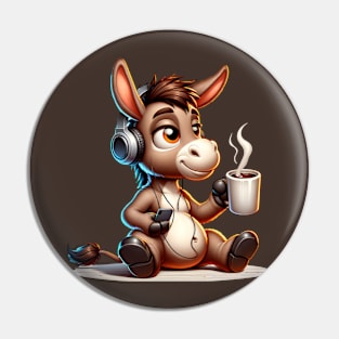 Donkey with Heaadphones Drinking Coffee Pin