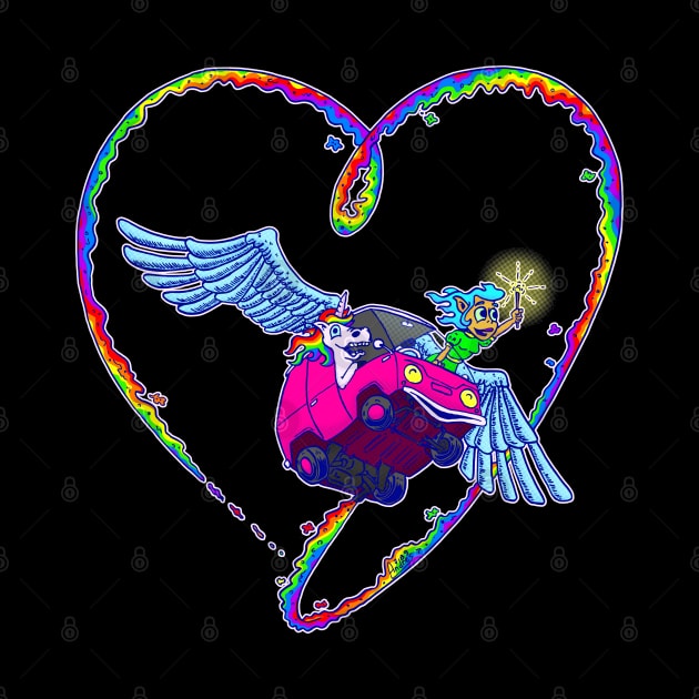 Unicorn and Fairy in a magical flying van by Andres7B9