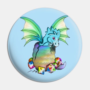 Cute baby dragon hatching from egg, surrounded by dnd dice Pin