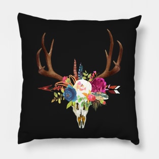 Boho Stag Skull+Horn Watercolor Flowers Pillow
