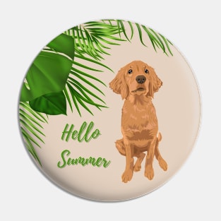 Hello Summer with Golden Retriever Dog and Tropical Palm Leaves Pin