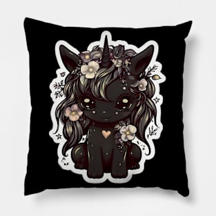 Black cute Unicorn with beautiful flowers Pillow