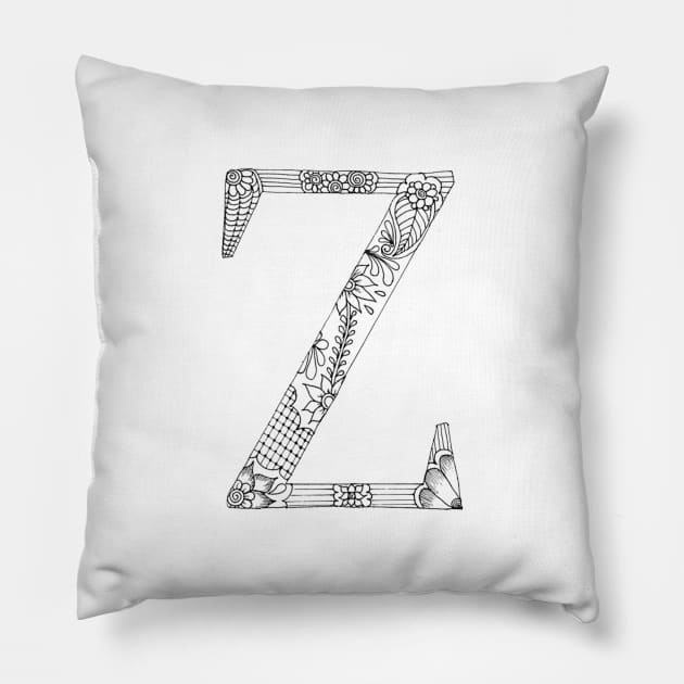 Henna Alphabet Z / Henna Letter Z - Black Henna Line Art Pillow by Tilila