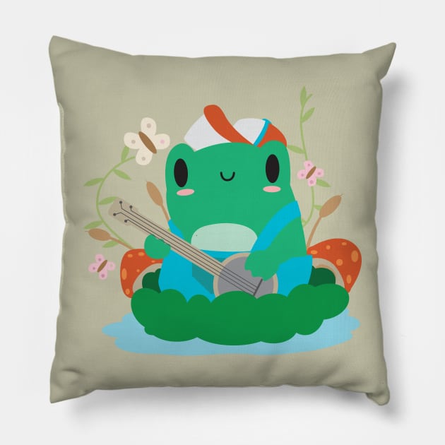 Cottagecore Aesthetic Frog Playing Banjo Mushroom Hat Kawaii Pillow by SWIFTYSPADE