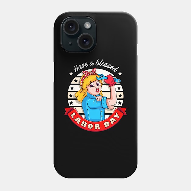 Labor Day. Retro cartoon lady showing off muscles while holding a wrench Phone Case by Vyndesign