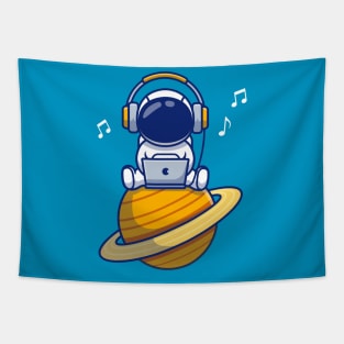 Cute Astronaut Listening Music With Laptop And Headphone Tapestry