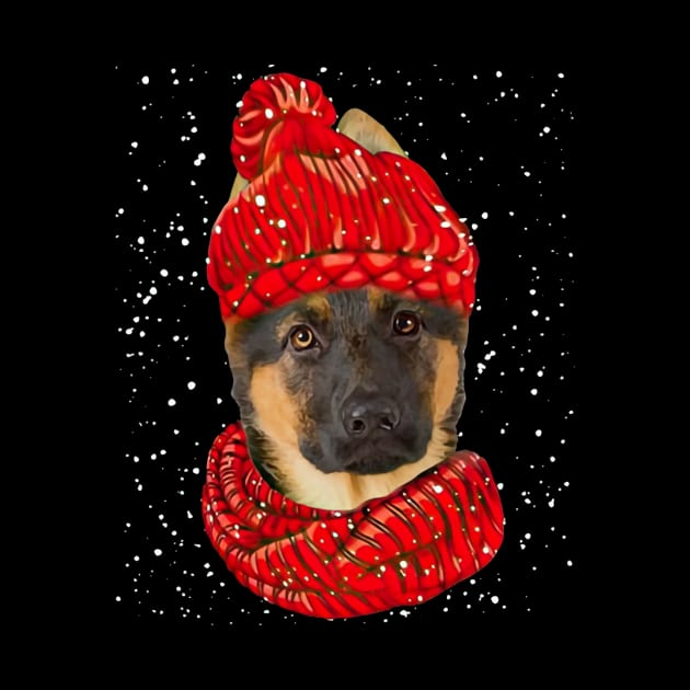 German Shepherd Wearing Red Hat And Scarf Christmas by Tagliarini Kristi