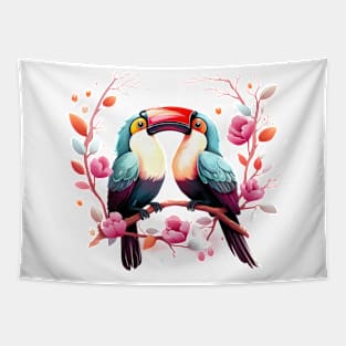 Valentine Kissing Toucan Bird Couple Tapestry