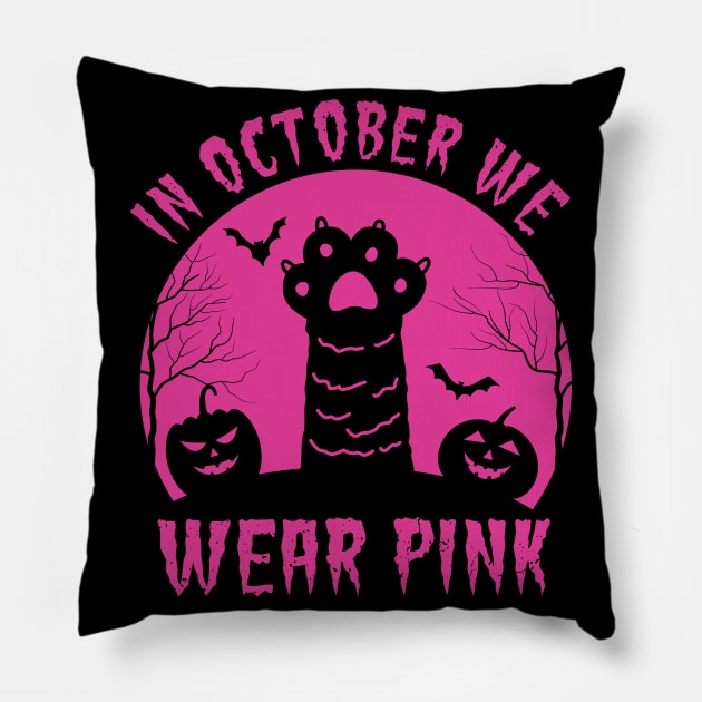 In October We Wear Pink Cat Pumpkin Breast Cancer Halloween Pillow by HollyDuck