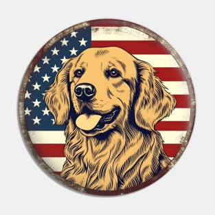 Golden retriever on a vintage distressed American flag Pin