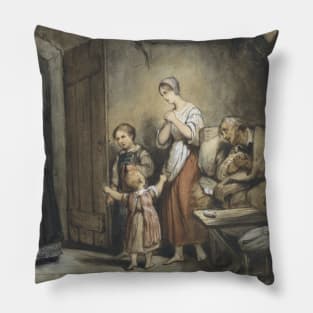 Sick Man in Bed with a Wife and Two Children Next to Him by Ary Scheffer Pillow