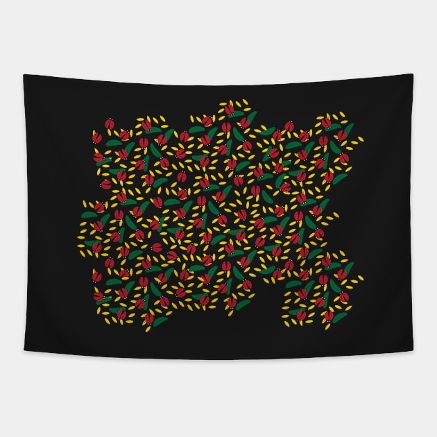 Red Black Ladybug and Green Yellow Leaves Pattern Tapestry by sigdesign