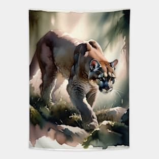 Mountain Majesty: Stealthy Mountain Lion Watercolor Tapestry