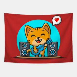 Cute Cat Playing Guitar Cartoon Vector Icon Illustration Tapestry