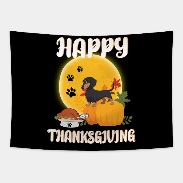 Dachshund Seeing Turkey Dish Happy Halloween Thanksgiving Merry Christmas Day Tapestry by Cowan79