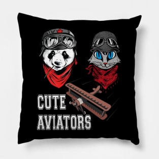 Cute Panda and cat couple in flying hat  and goggles Pillow