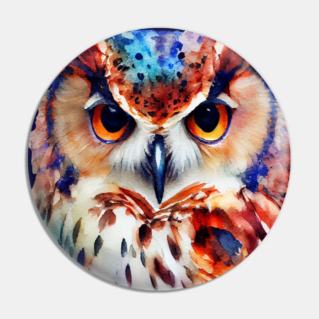 Watercolor Colorful Owl Portrait Pin by KOTOdesign