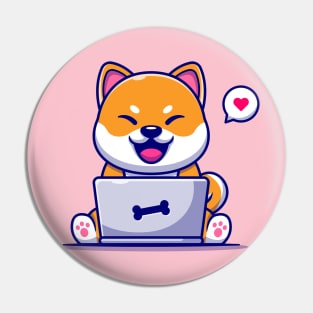 Cute Shiba Inu Dog Working On Laptop Cartoon Pin