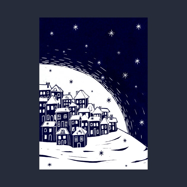 Snowy Night - Beautiful Festive Linocut Village Scene by Maddybennettart