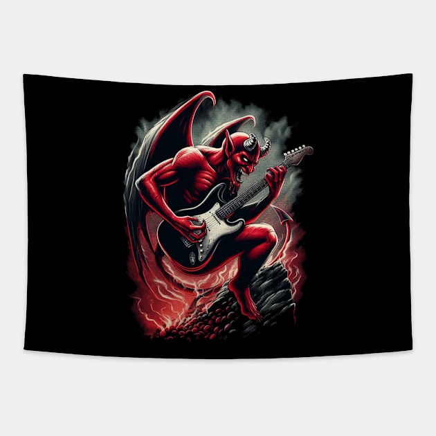 The Devil Playing Guitar T-Shirt - Unleash Infernal Riffs Tapestry by Pixel Draws