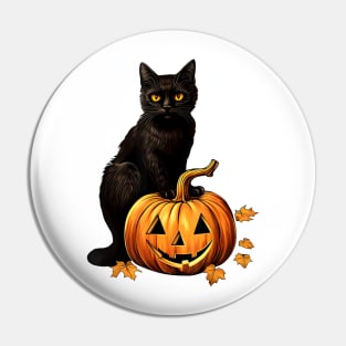 Black Cat Sitting On Halloween Pumpkin Pin