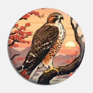 Red Tailed Hawk in Sunset with Flower Blossoms Pin