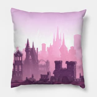 Synthwave Medieval City Landscape With a Purple and Pink Skyline Pillow