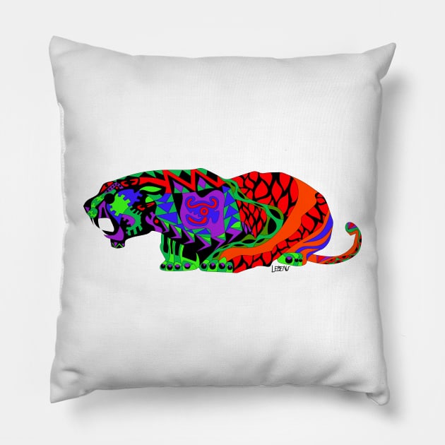 wild mexican king tiger in ecopop with totonac magical patterns in floral folk art Pillow by jorge_lebeau