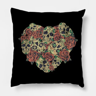 Skulls Heart Roses Red Flowers Bones Spooky Pillow