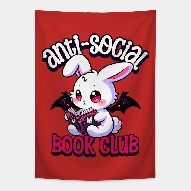 Anti-social Book Club Cute Bat Bunny Reader Tapestry by WitchyArty